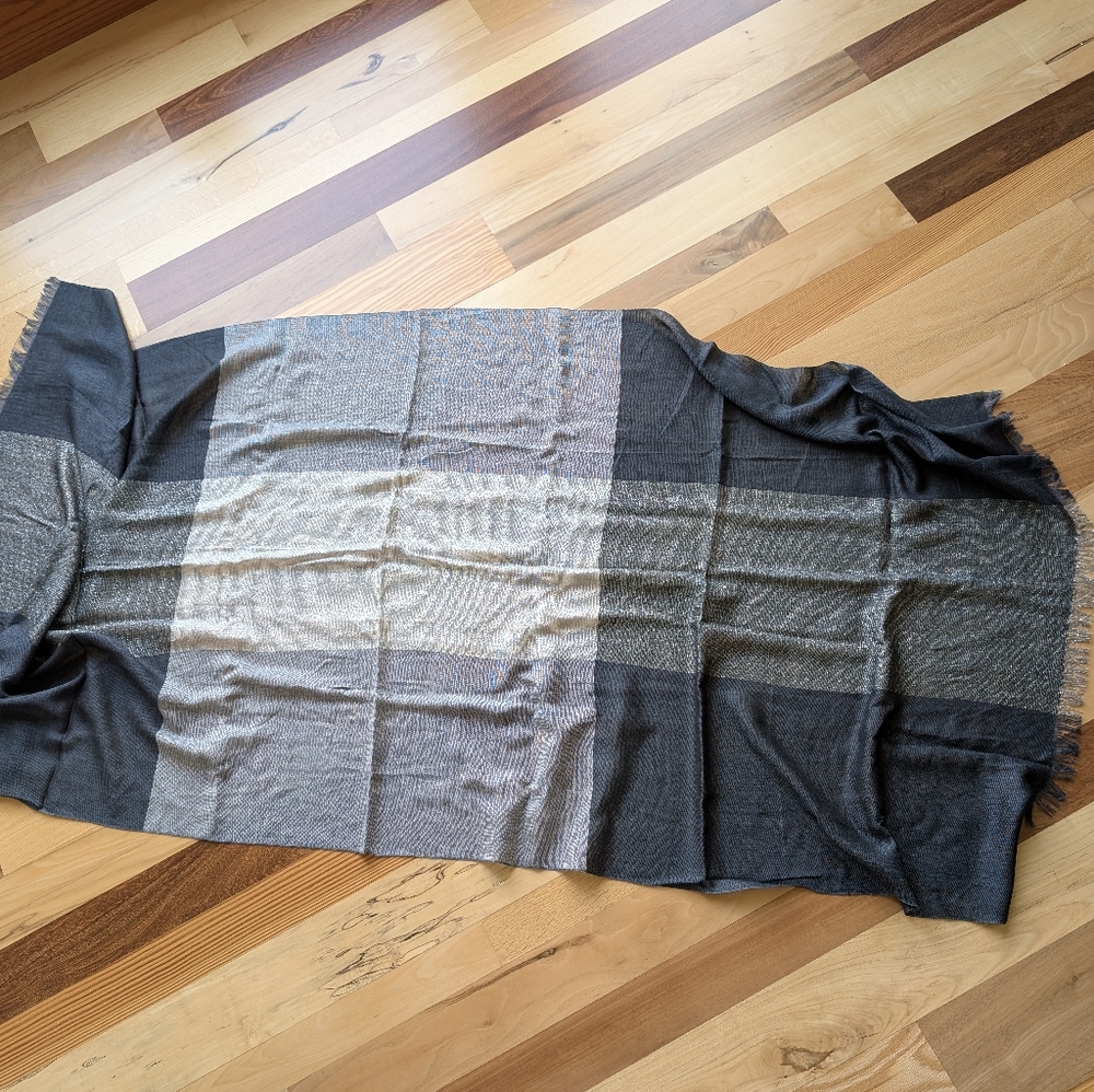 Light Weight Gray and Black Plaid Shiny Scarf/Shawl
